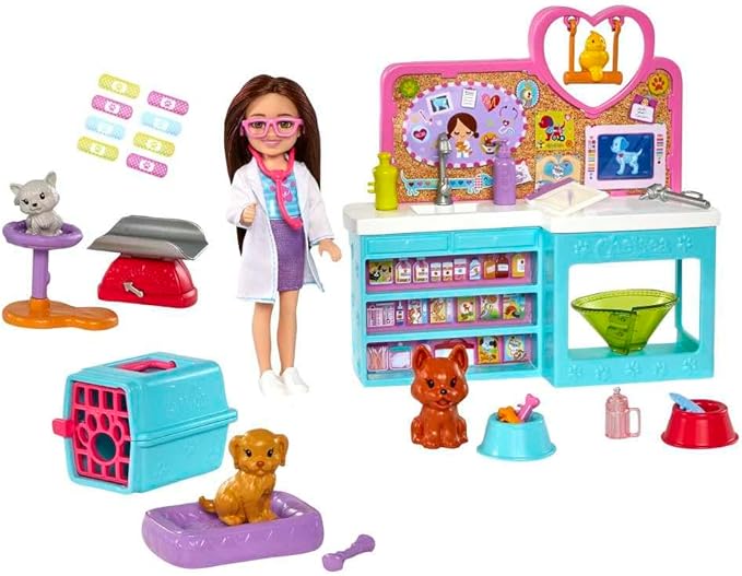 Barbie Chelsea Doll and Accessories, Pet Vet Playset with Doll, 4 Animals and 18 Pieces