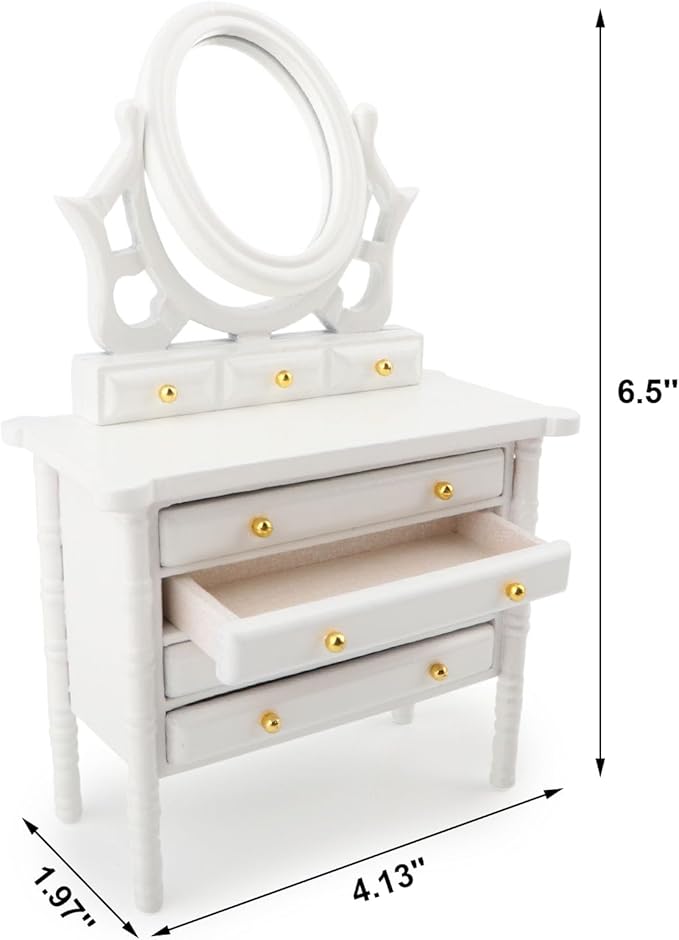 Miniature Dollhouse Vanity Table 1 12 Furniture Makeup Dressing Table with Mirror and 4 Drawers Mini House Accessories Bedroom Living Room Scene Decoration (White)