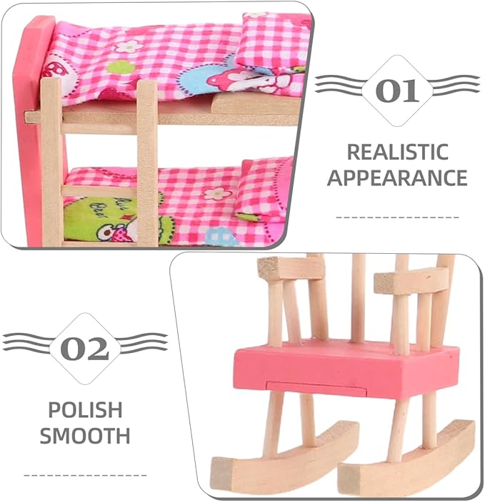 Wooden Dollhouse Bedroom Furniture: Doll Bunk Bed Rocking Horse Chair, DIY 1:12 Scale Miniature Doll House Decoration Accessories for Ages 3+ Role-Playing