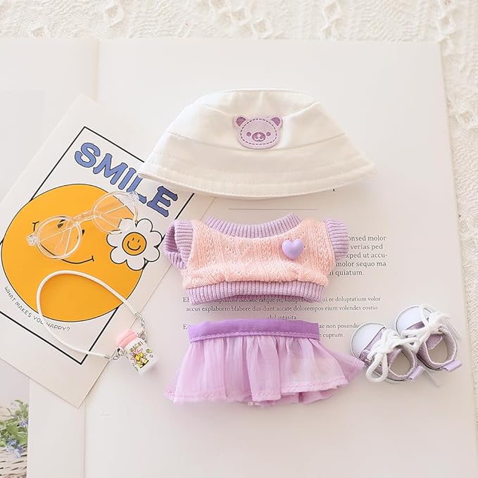 6-Piece Clothes for 17cm Dolls - Cute Hat, Glasses, Water Bottle, Sweater, Skirt & Canvas Shoes - Premium Doll Outfit Accessories for Creative Play & Display (Purple)