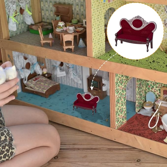 AHANDMAKER Dollhouse Furniture Miniature Accessories, 1/12 Scale Mini House Vintage Red Wooden Carved Sofa Bench Armchairs for Dollhouse Living Room Scene Simulation Craft Decoration Party