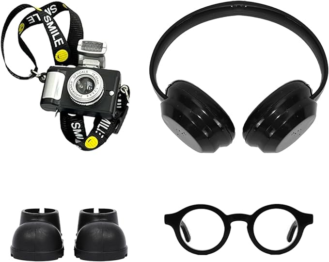 17cm Doll 4-Piece Fashion Accessory Set: Mini Glasses, Camera, 3D Printed Headphones & Mini Shoes - Perfect for Dress-Up - Mini Costume Supplies (Set of Black)