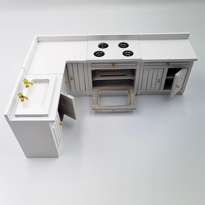 Dollhouse Decoration Accessories,1:12 Dollhouse Miniature Furniture Wooden Kitchen Cabinet Set Freely Combined (White)