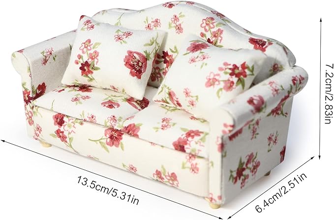 Dollhouse Couch Miniature Sofa with Pillows Dollhouse Living Room Funiture 1:12 Model 3 Pcs High Simulation Upholstered Armchair Mini Room Artificial House Scene Decoration (White Floral)