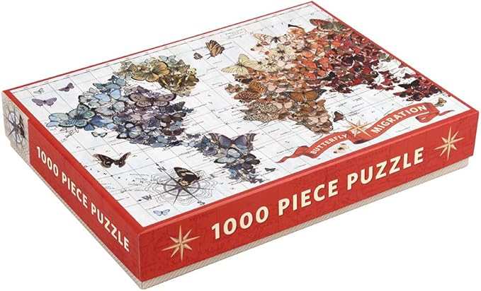 Galison Wendy Gold Butterfly Migration Puzzle, 1000+ Pieces, 20” x 27'' - Vibrantly Illustrated Image of Butterflies Over a World Map - Thick, Sturdy Pieces - Perfect for Family Fun