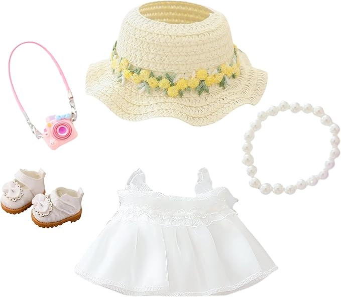 Clothes for Lububu Dolls(No Doll) Accessories, Outfit Set 5 Pieces Gauze Dress for 17cm Doll, Romantic Hat Skirt Shoes Doll Clothing Set Replacement White