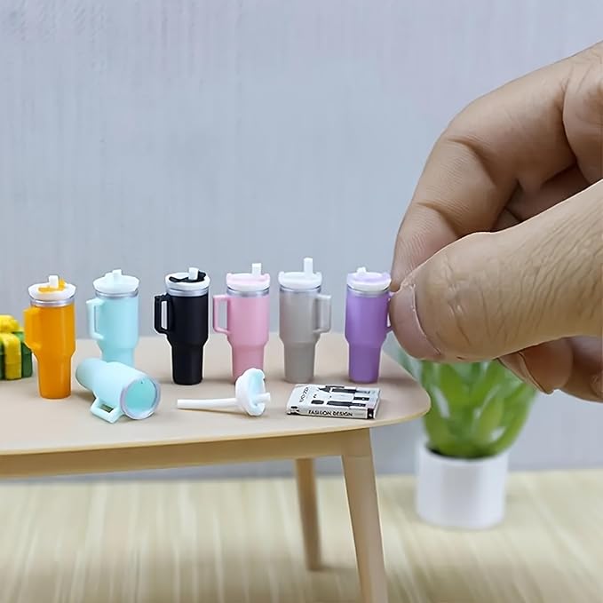6 Pack Miniature Thermal Cups with Straw, 1:12 Scale Dollhouse Accessories, Multi-Color DIY Micro Model Food Scene Accessories