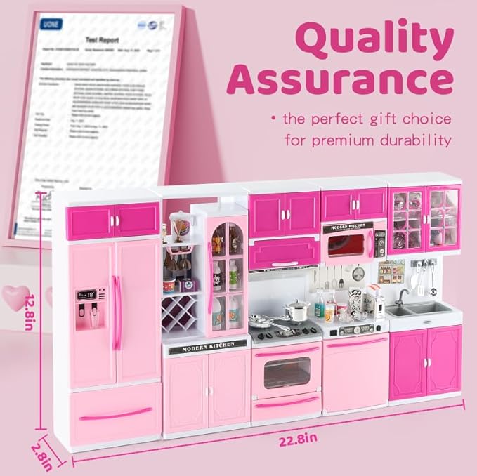 SOCBTNSO 64 PCS Pink Kitchen Toys with Lights Sounds|Mini Kitchen House Furniture Sets for Kids Ages 4-8|Doll Playset Toys for Toddlers 3-5|Birthday Gifts for 3 4 5 6 7 8 Old Girls