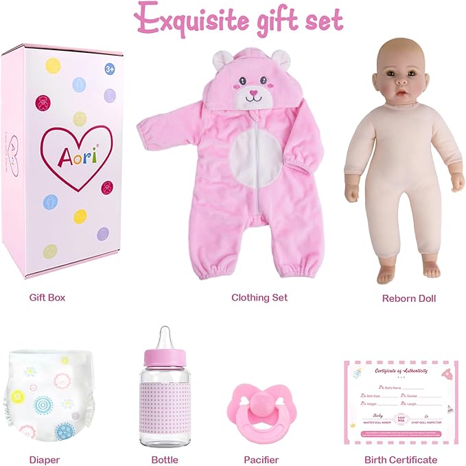 Aori Baby Dolls Realistic, 17-inch Lifelike Soft Body Baby Girl That Look Real with Feeding Kit Included, Ideal Gift for Kids, Birthday, Pretend Play