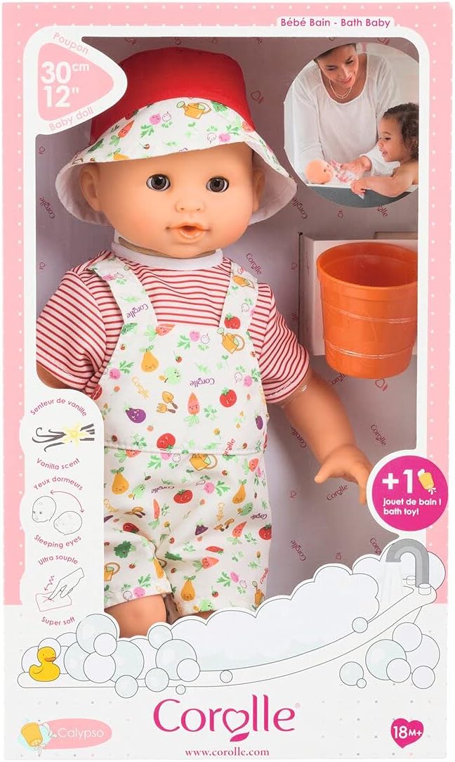 Corolle Bebe Bath Calypso Garden Delights Baby Doll - Includes Play Cup, Soft Body with Sleeping Eyes and Vanilla Fragrance, Removable Clothes, for Children Ages 18 Months and Up
