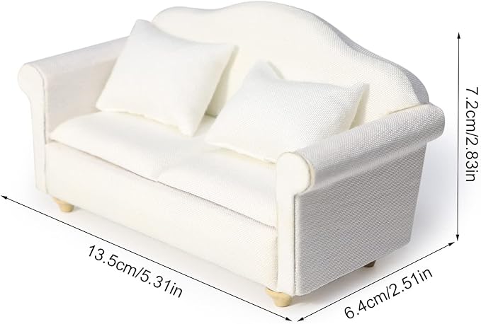 Dollhouse Couch Miniature Sofa with Pillows Dollhouse Living Room Funiture 1:12 Scale Model 3 Pcs High Simulation Upholstered Wooden Fabric Armchair Mini Room Artificial House Scene Decoration (White)
