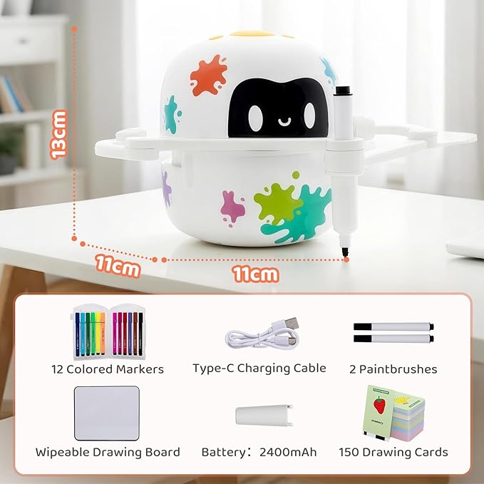 Mewaii Drawing Robot for Kids with 150 Cards, Interactive Educational Drawing Machine with Music, Erasable Board & 12 Crayons, Montessori Learning Toy, Birthday Gift for Boys Girls 5-8
