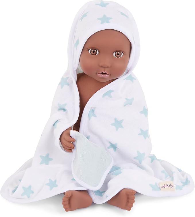 LullaBaby – 14" Baby Doll Accessories – Hooded Bath Towel in Blue Star Pattern – Bath Toys & Pink Ducky – Imaginative Play – Toys for Kids Ages 2 & Up – Baby Doll Bathtime Outfit