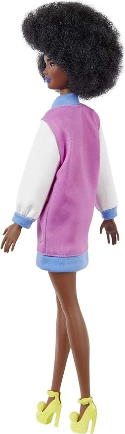 Barbie Fashionistas Doll #156 with Brunette Afro & Blue Lips Wearing Graphic Coat Dress & Yellow Shoes, Toy for Kids 3 to 8 Years Old