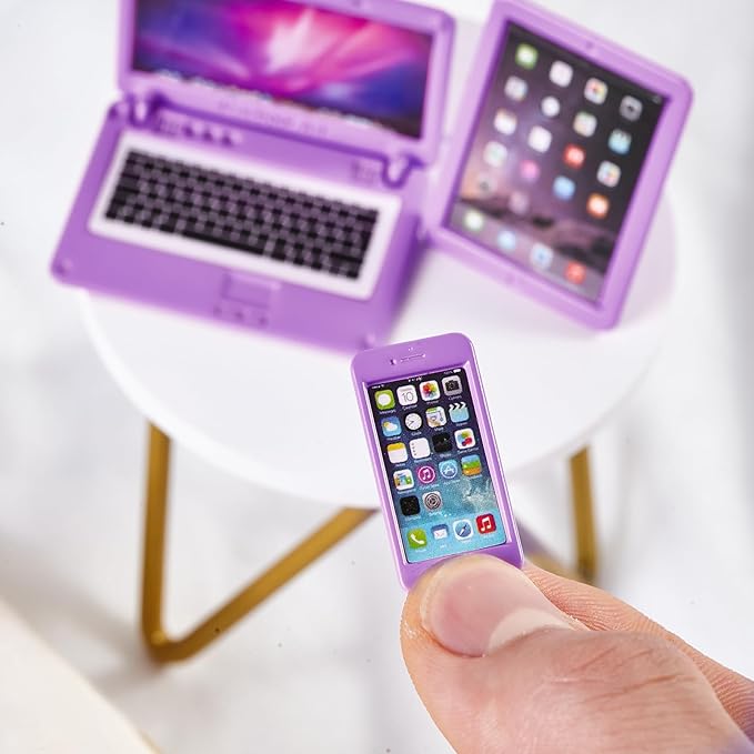 3 Pcs Dollhouse Furniture Accessories Laptop, 1:12 Scale 1:6 Simulation Miniature Phone Tablet Mini Stuff Things for Doll (Purple)