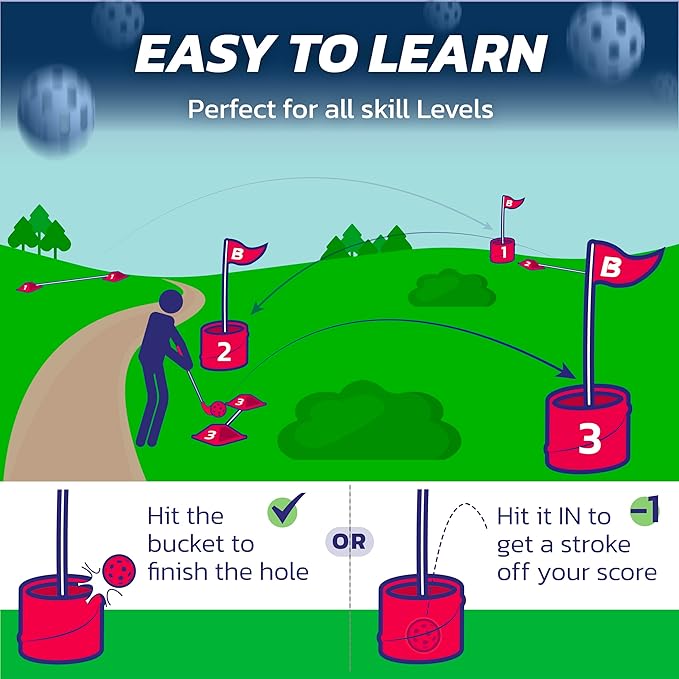 bucketgolf 9 Hole Bundle with Clubs - Outdoor Golf Game for All Ages, Adults, Kids, Family. Play Golf Anywhere, Yards, Beach, Park, Backyard. (4 Clubs (3 RH + 1 LH))