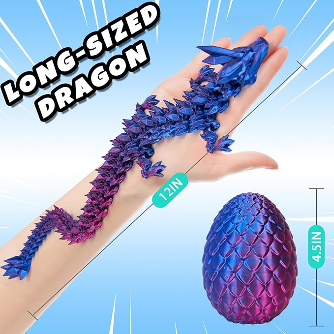12" 3D Printed Dragon, Upgraded Fall Protection Dragon Egg & Reinforced 3D Dragons Joints, Safe Eco-Friendly Fidget Toy, Ideal for Gift-Giving and Children's Parties (Laser Purple)
