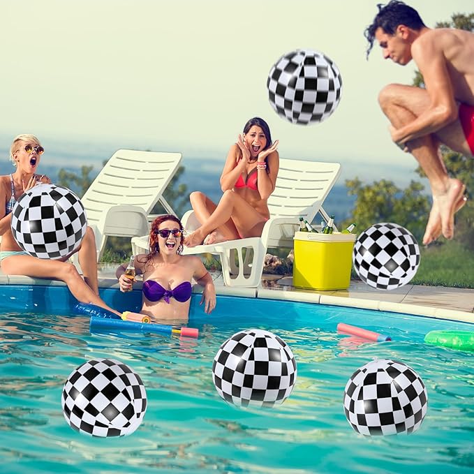 12 Pcs Black and White Checkered Flag Themed Beach Balls, Bulk 7.87” Inflatable Race Car Beach Balls for Kids Summer Pool and Beach Car Themed Birthday Party Favors Supplies Decorations