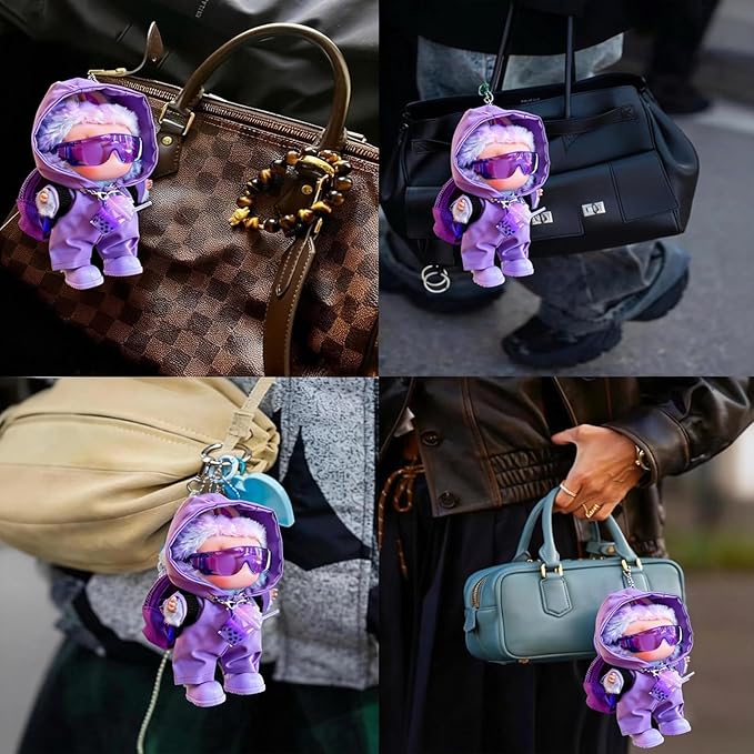 Doll Clothes for LABUBU – Purple Windbreaker 4-Piece Outfit Set | Adorable 17cm Doll Clothes with Hooded Jacket, Glasses, Bag & Shoes | Complete Fashion Accessory Set (Doll Not Included)