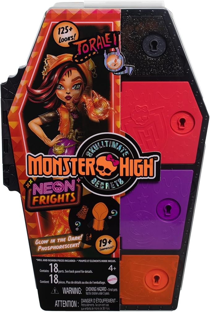 Monster High Skulltimate Secrets Neon Frights Doll & Accessories, Toralei Stripe with Dress-Up Locker & 19+ Surprises