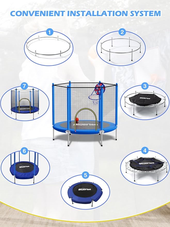 BLUERISE 55IN 6FT Toddler Trampoline for Kids Indoor Outdoor Play for Kids Trampoline Basketball Hoop Attachment with Enclosure Net Easy to Assemble