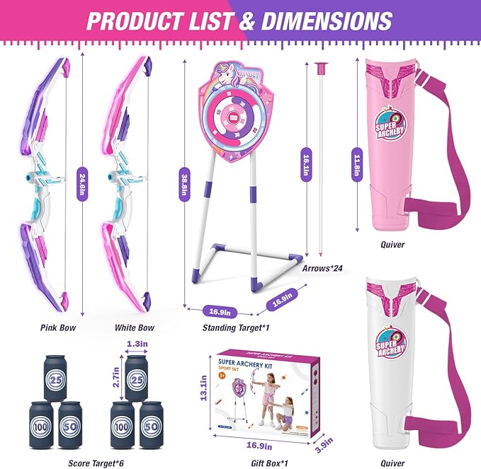 2 Pack Bow and Arrow for Kids 4-6, LED Light Up Archery Set with 24 Suction Cup Arrows, 1 Unicorn Standing Target, 6 Score Targets & 2 Quiver, Indoor Outdoor Sport for Girls Ages 8-12