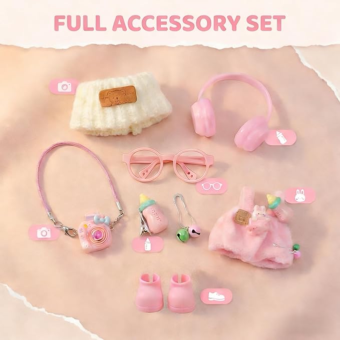 Clothes for LABUBU 17cm Doll (NO Doll) – 8-Piece Set, Outfit for LABUBU, Premium Dolls Accessories for LABUBU (Purple) (Pink)