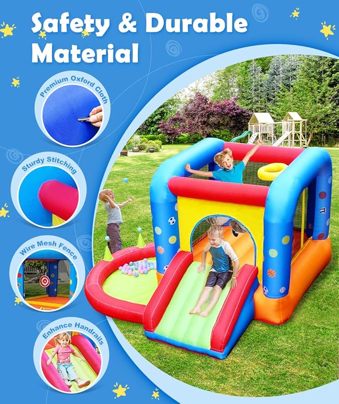 Step4Fun Inflatable Bounce House, Kids Castle Slide Bouncer for Children Jumping Outdoor and Indoor Party, Baby Backyard Water Jumper Toy with Blower, Ball Pit Pool, Ideal Gifts(112 x 98 x 65”)
