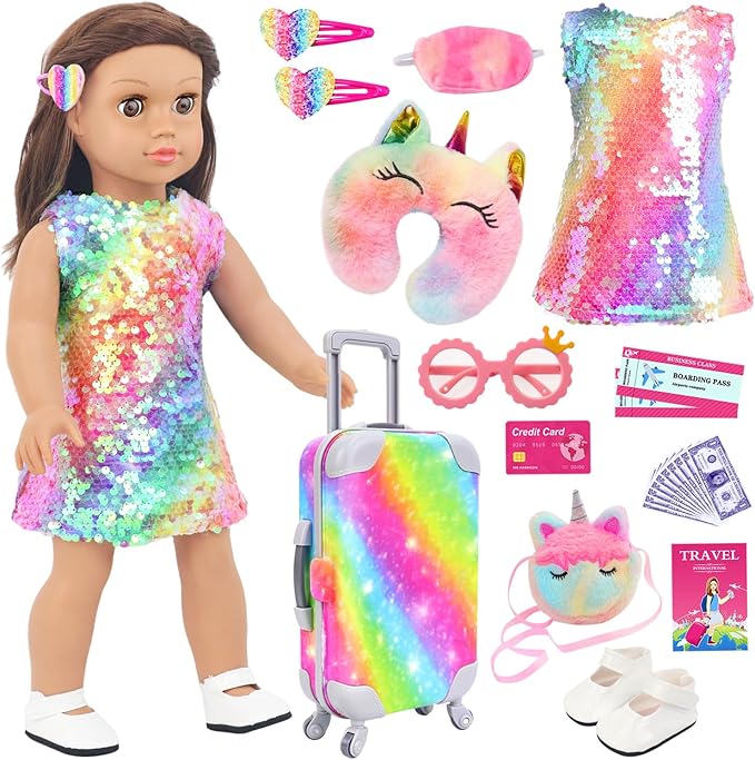 K.T. Fancy 23 Pcs American 18 Inch Doll Clothes & Accessories, Cute Doll Suitcase Set with Sequined Dress, Sunglasses, Unicorn Bag, Shoes