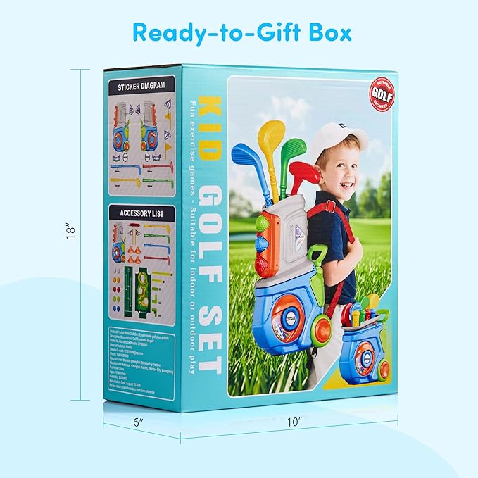 PJG Toddler Golf Set, Plastic Kids Golf Clubs Ages 1 2 3 4 5 Years Old with 4 Golf Clubs and 10 Balls, Indoor and Outdoor Golf Toys with Cart for Boys Girls Birthday Gift (Blue with mat and Cornhole)
