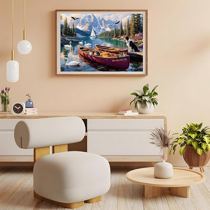 500 Piece Puzzle for Adults – Swan, Cat and Dog on Boat at National Park Lake Nature Jigsaw Puzzle, Challenging Perfect for Game Nights, 20.5 X 15 in