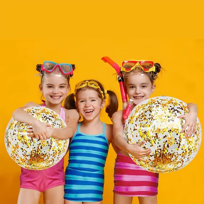 5 Pcs Inflatable Beach Balls, 16 Inch & 24 Inch Large Confetti Glitter Beach Balls, Sequins Clear Blow up Pool Balls Toys for Christmas Party Decorations 2026 New Year Birthday Summer Swimming Pool