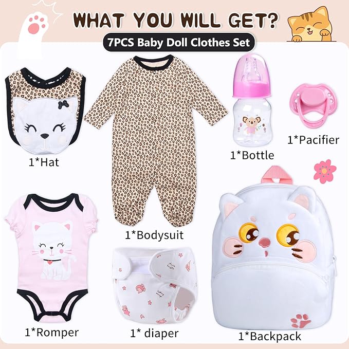 7 Pcs Baby Doll Clothes Accessories Set, 17-22 Inch Reborn Baby Dolls Clothes with Backpack Diaper Newborn Doll Outfit and Magnetic Pacifier&Fedding Bottle, Babies Pretend Play Stuffs