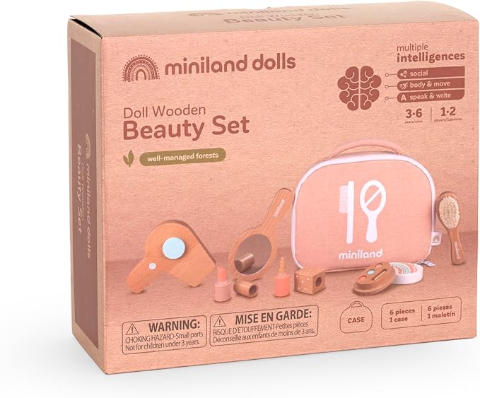 Miniland Doll Wooden Beauty Set - Quality accesory Set with 6 Wooden Pieces and 1 Carry case to Storage for Children from 3 to 6 Years