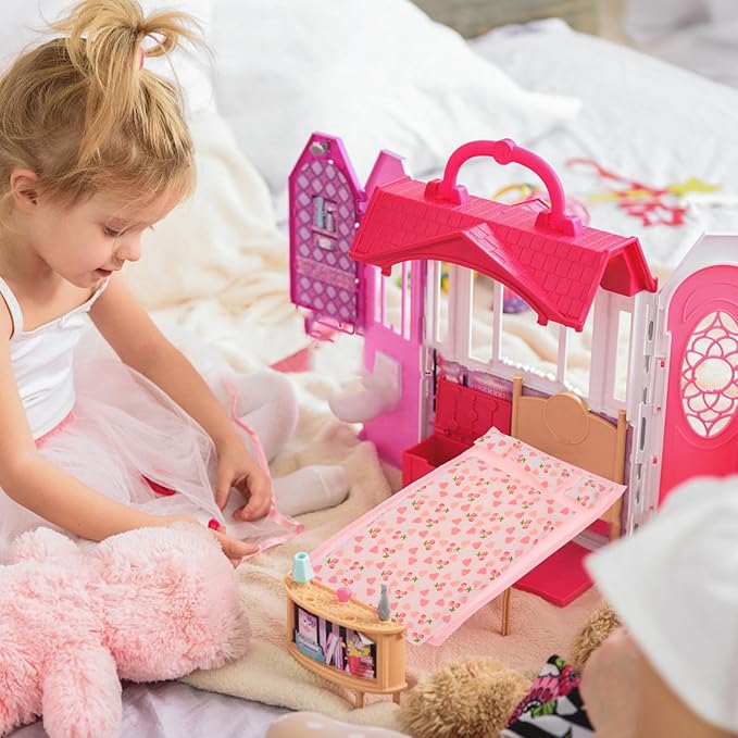 Pink Dollhouse Bedding Set 1:12 Scale Miniature Bedroom Accessories - Includes 1 Quilt, 1 Bed Sheet, 3 Pillows - Soft Fabric Doll House Furniture Accessories for Role-Playing and Mini Decor