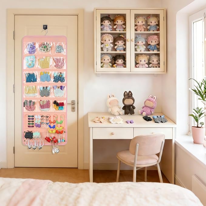 Hanging Doll Clothes Organizer,Doll Accessories Storage Holder,Doll Outfit Wall Display,15cm-17cm Dolls Outfit Holder(Not Include Any Accessories) (Pink)