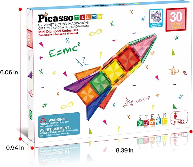 PicassoTiles 30 PCs Magnetic Tiles Travel Size Mini Version Building Block Construction Set for Kids Great Gift Ages 3+ Boys & Girls Preschool Kindergarten Montessori Playing Toys Stacking Fun PTM30
