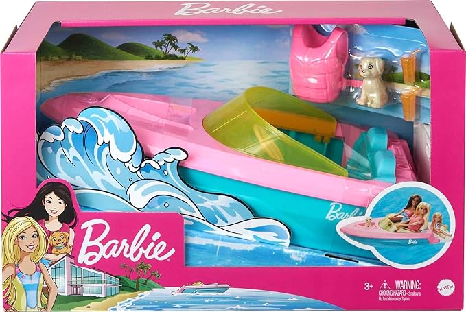 Barbie Boat with Puppy and Themed Accessories, Fits 3 Dolls, Floats in Water, Great Gift for 3 to 7 Year Olds