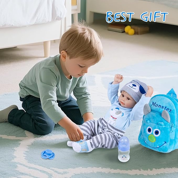PEDOLLTREE 12 Pcs Set Reborn Baby Doll Clothes Accessories Blue Puppy Outfit Set for 18-22 Inch Newborn Baby Boy Reborn Doll Clothes with Monster Backpack