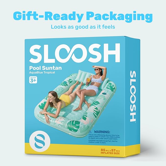 SLOOSH Inflatable Tanning Pool Lounger Float, 85" x 57" Pool Floats Adult with Pillow, 4 in 1 Suntan Tub Raft Floatie,Sunbathing Bed Lounge for Water Blow Up Ball Pit Party Gifts, L-Aqua Blue