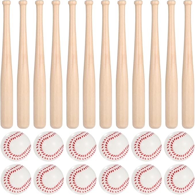 24PCS Mini Baseball Bats Mini Foam Sports Balls, 7.9 in Small Wooden Baseball Bats, 2 in Foam Baseball Balls, DIY Paintable Wood Bat for Baseball Party Supplies Sports Theme Decoration (24PCS)