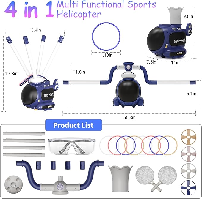 4-in-1 Music Jumping Toy Car,Dual Rotating Poles for Jumping & Dodging,Auto Flying Disc Launcher with Catching Net,Spinning Pole for Ring Toss,Kids outdoor toys,Games for Kids Boys and Girls (Blue)