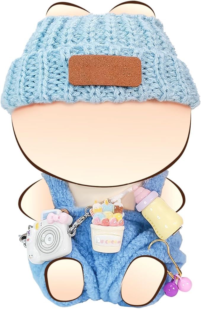 Doll Clothes for 17cm Dolls, Soft Knit Hat, Cozy Overalls, Camera, Bottle & Cute Accessories (No Doll) (Blue)
