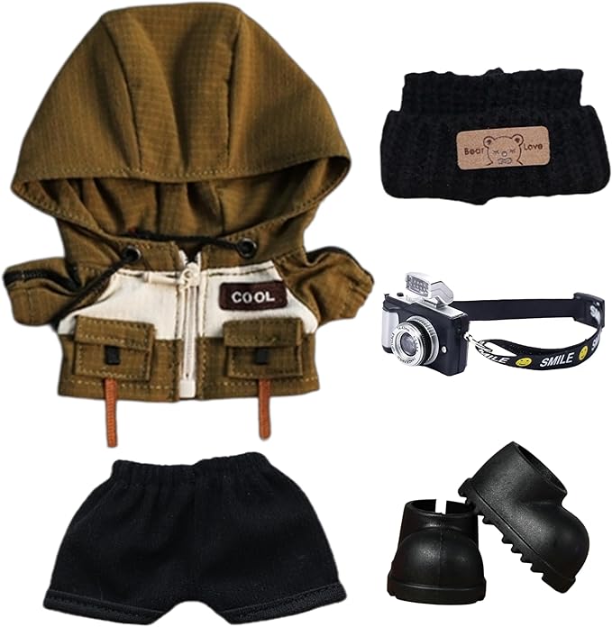 Outdoor Windbreaker Clothes Sets for Doll 15cm/17cm Sporty Outfits - Knit Hat, Jacket, Pants, Shoes & Detachable Mini Camera, Hiking/Camping/Snow Play Clothing for Mini Figures - Green
