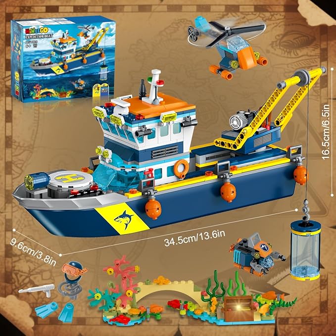 City Floatable Boat Building Set with LED Light - Ocean Arctic Explorer Ship Building Block Kit with Helicopter, Sub Exploration Toy Adventure Set Birthday Gift for Kids Boys Girls 6 7 8 9 10+