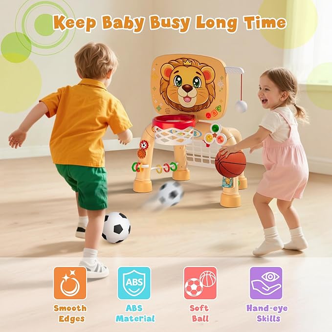 Toddler Basketball Hoop Tball Set & Soccer Goal - Lion Sport Toys for 1 Year Old Boy with Learning Activities (Abacus/Alphabet/Animals Sounds) Christmas Birthday Gifts for Baby Boy Age 1 2 3