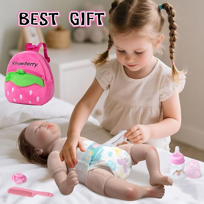 Reborn Baby Doll Diaper Bag Accessories Set 10 Pcs Baby Dolls Feeding and Caring Set Includes Backpack&Diapers&Bottle&Magnetic Pacifier&Comb Newborn Girls Gift
