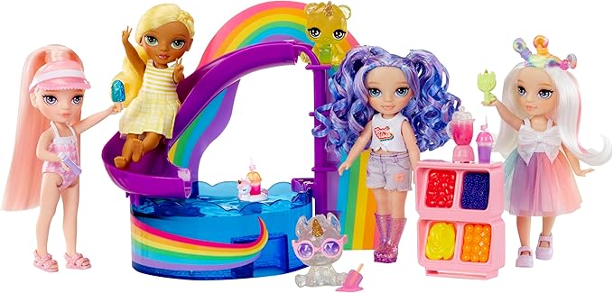 Rainbow High Littles Pool Day Playset + Small Doll (Pink 5.5”), Pool with Rainbow Slide, Accessories, Smoothie Stand, Kids Gift Ages 4+