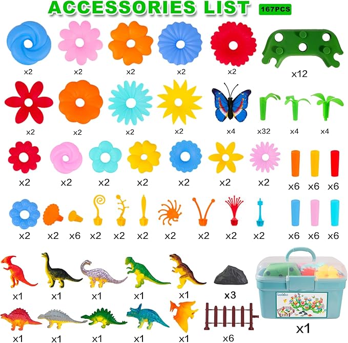 Toys Gifts for Toddlers Boys Girls Age 2 3 4 5 6, 167 PCS Dinosaur Flower Garden Building Blocks, STEM Fine Motor Skill Stacking Games, Easter First 1st Birthday Gifts for Preschool Kids 2+ Years Old