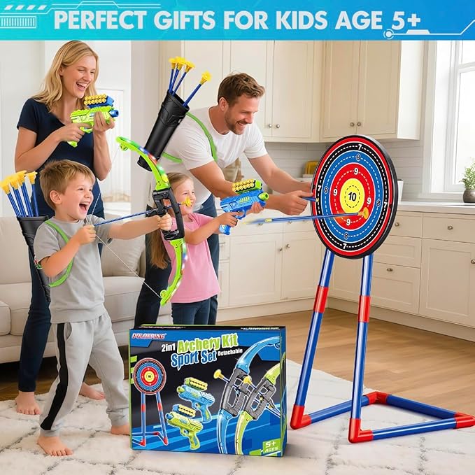 2 Pack Bow and Arrow Toy for 5 6 7 8 9 10+ Year Old Boys, Ideal Gift for Kids, Indoor Outdoor Shooting Game Toy for Ages 4-8 8-12, LED Light Up Archery Set with 12 Suction Cup Arrows